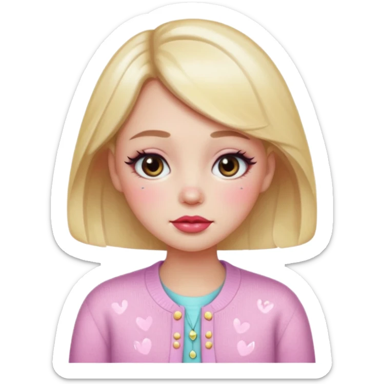 “Emoji girl, dewy skin, heavy blush across cheeks and nose bridge, glossy cherry lips, soft puppy eyeliner, teary sparkling eyes, pastel cardigan.” sticker