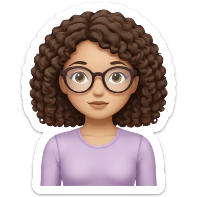 Memoji-style illustrated girl with dark brown curly hair, round glasses, large brown eyes, soft rounded face, warm beige skin tone, wearing neutral Pilates activewear, calm wellness aesthetic, pastel colors, sticker-style digital illustration, smooth shading, white outline. sticker