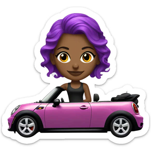 a white girl, with purple hair drives a black convertible Mini Cooper sticker