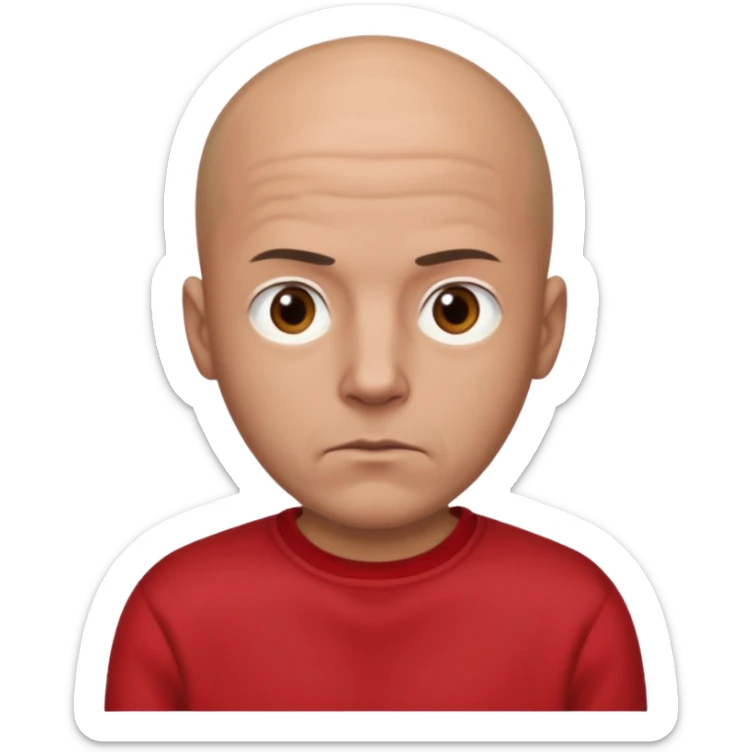 almost bald man, with hair on his head wearing a black sweatshirt and a red t-shirt under the sweatshirt and with brown eyes and a serious look  sticker