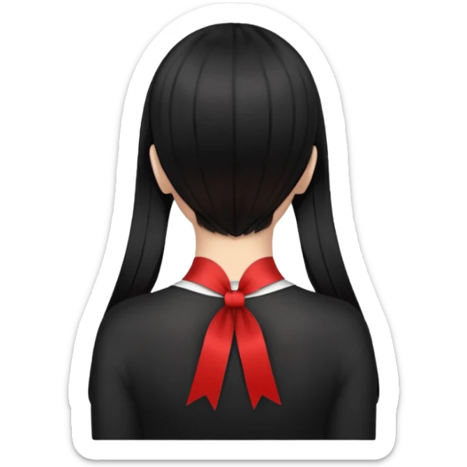 girl back view with single red ribbon in the middle black hair sticker