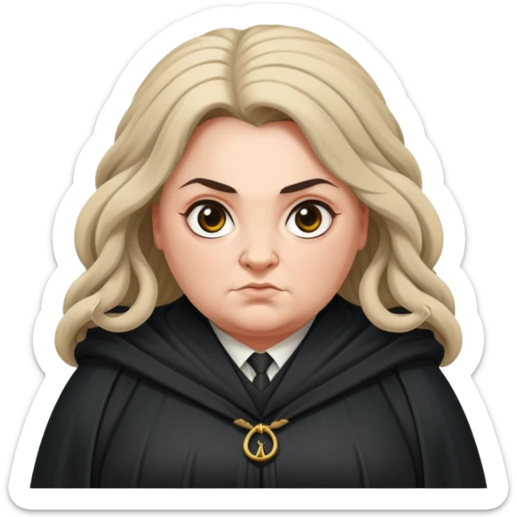 Alecto Carrow in harry potter, a woman fat, knot tied hair, look evil, black cloak sticker