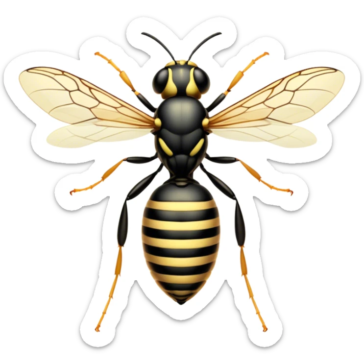 Beautiful and Majestic Wasp Portrait Emoji, Head and body rendered in serene repose with a gentle, confident smile, showcasing a refined, streamlined form with delicately patterned stripes and softly closed, focused eyes, Simplified yet exquisitely endearing features, highly detailed, glowing with a soft, drowsy radiance, high shine, relaxed and utterly noble, stylized with an air of regal insect elegance, soft glowing outline, capturing the essence of a beautiful and majestic wasp that embodies the refined power of nature! sticker