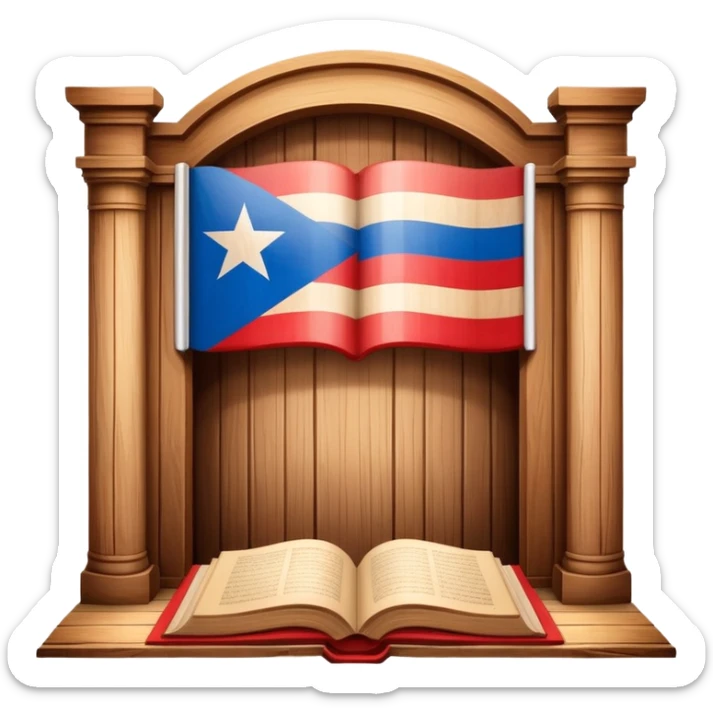 Timeless book icon with Puerto Rican flag design, wooden theater stage symbol, warm parchment and wood textures, gentle luminous aura, representing the history of Puerto Rican scenic design legacy sticker