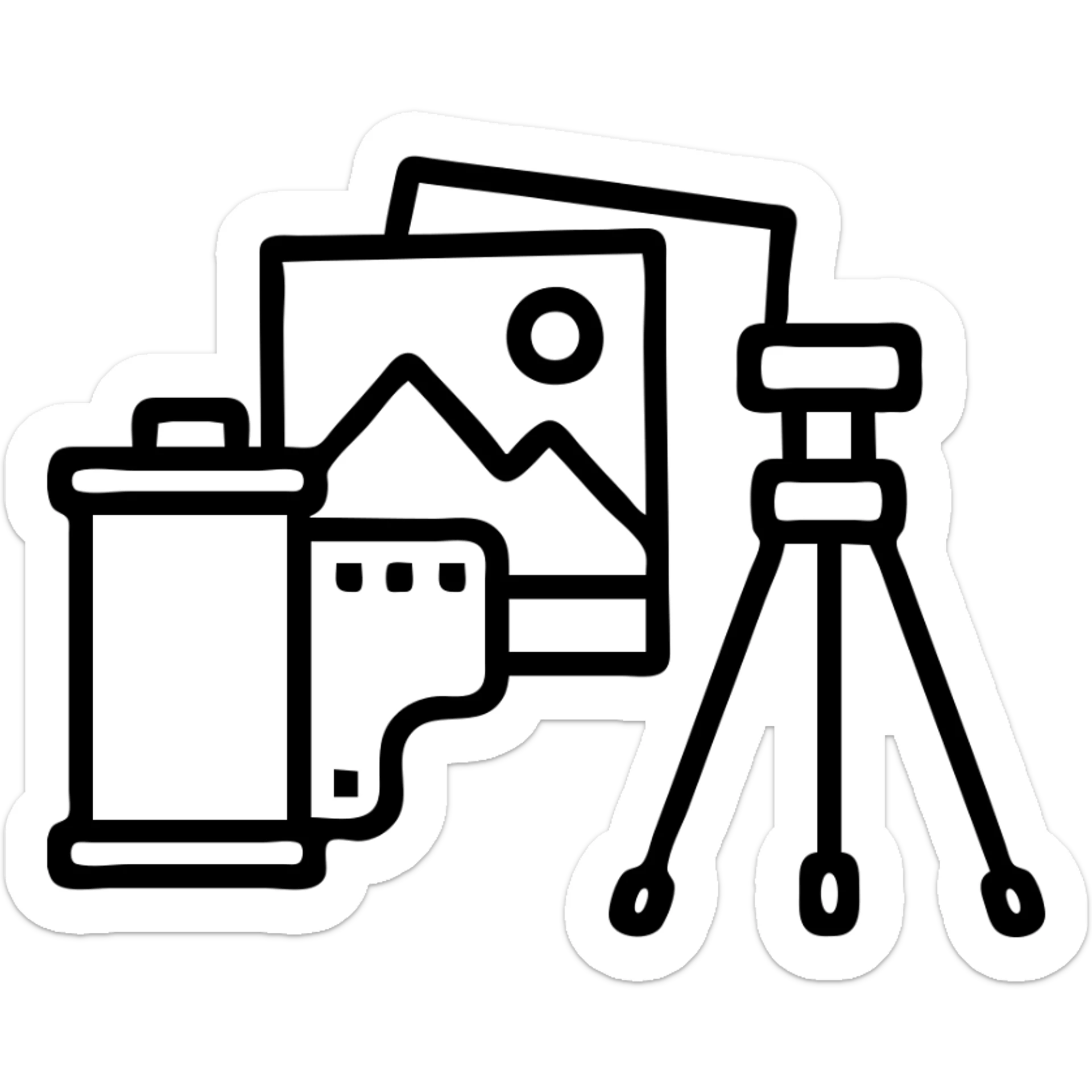 Film canister, photo prints, and tripod for analog photography sticker