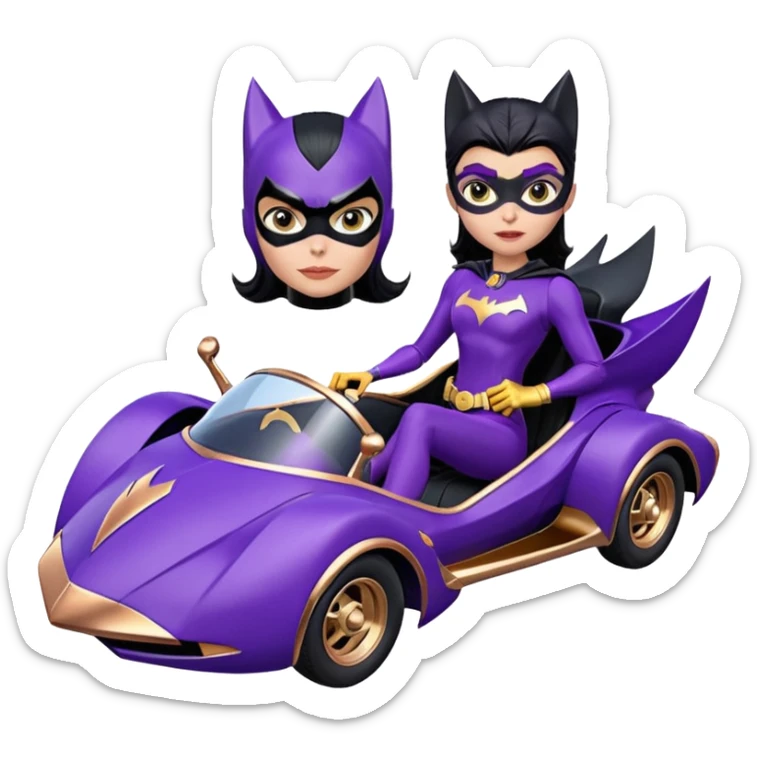  Whoville proportionally correct, real-appearance racing adult BatGirl’s feminine midnight-purple tight outfit sixty’s tv show 2032 stealth retro cat burglar sporty petite off-road pursuit floating black hover car with rose gold accents (black hair,reclined and relaxed seating position and attitude) sticker