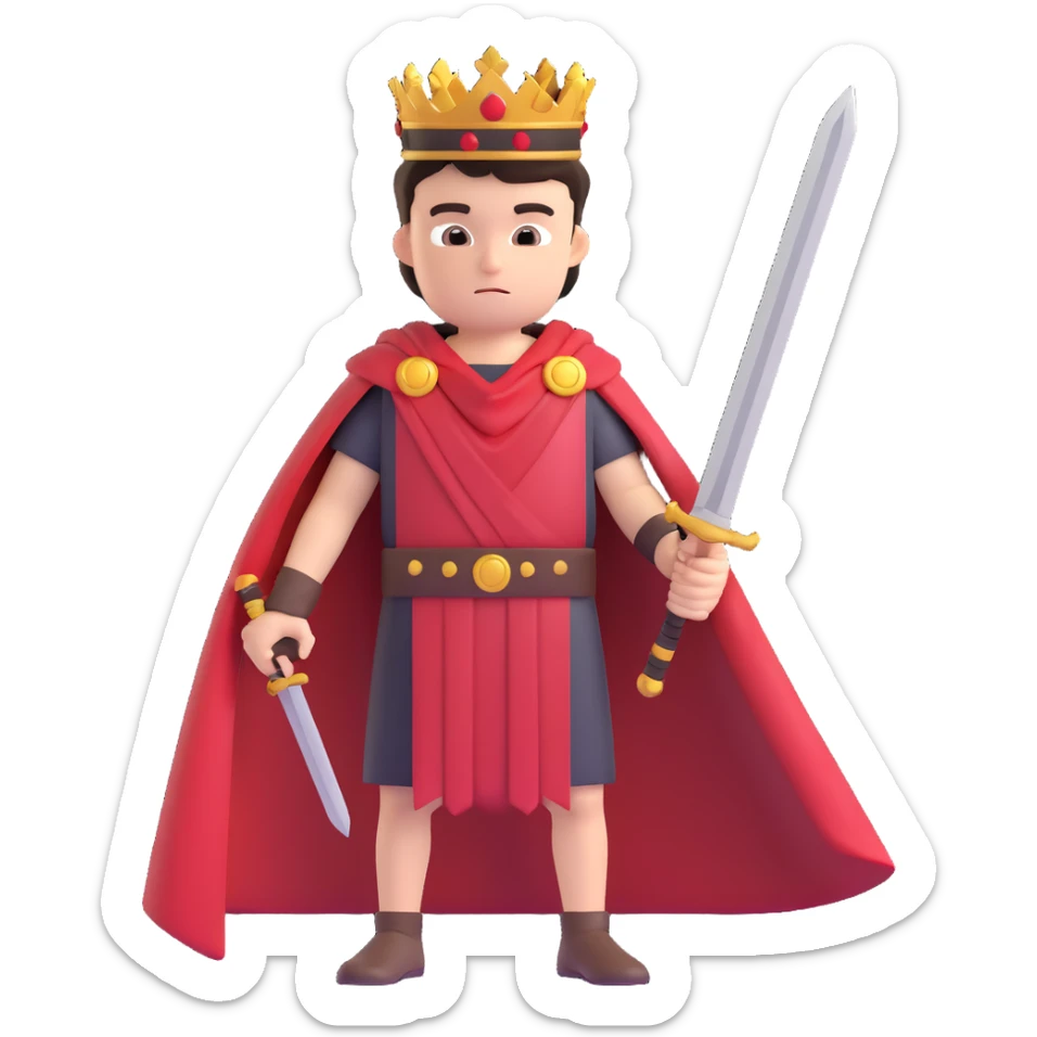 muscular young man with dark hair wearing a laurel crown and a red and black toga, holding a sword, confident expression, 3D emoji style sticker