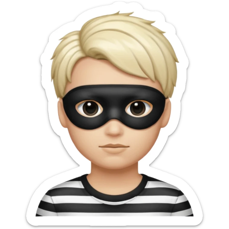 Realistic ios emoji-style portrait of a classic burglar, a black eye mask and a black-and-white striped shirt. Highly detailed, natural skin texture, soft cinematic lighting, realistic shadows, smooth gradients, clean outline, glossy reflections in the eyes. emoji-like hair sticker