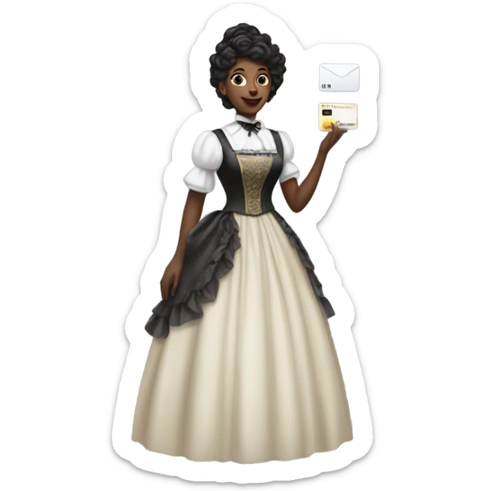 galora waitress in Victorian dress elegant, full body, holding big credit card sticker