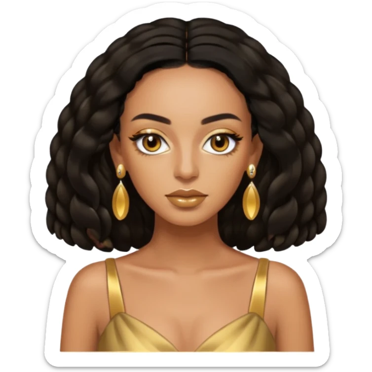 Solange brown eyes, black long hair, gold dress with earrings sticker