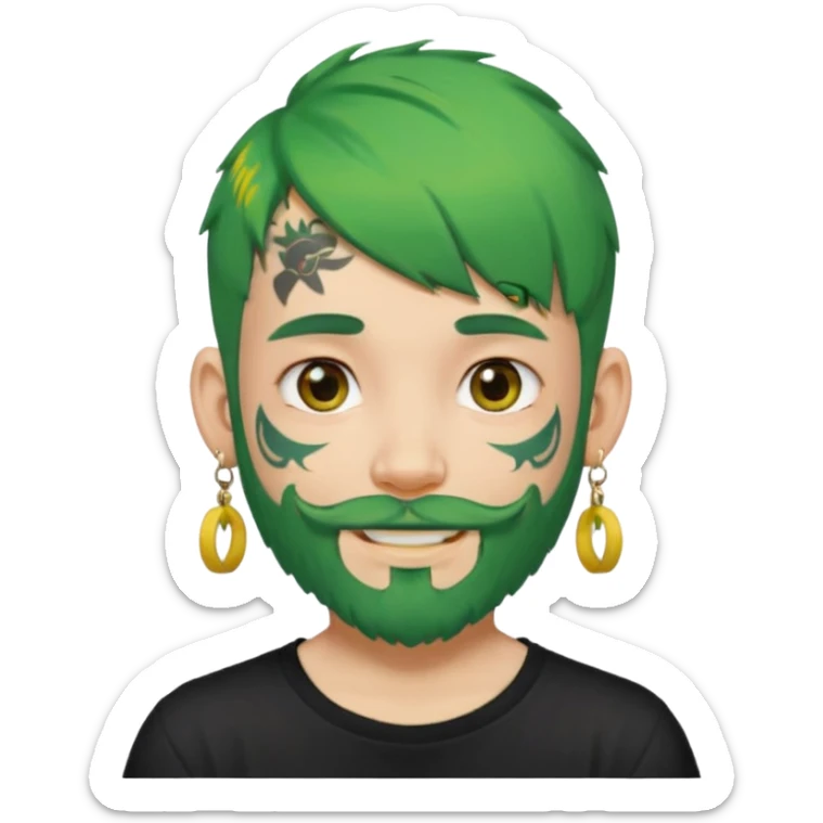 boy with bangs and green hair and yellow small hairtie on side and earrings and very heavy face tattoos and beard sticker