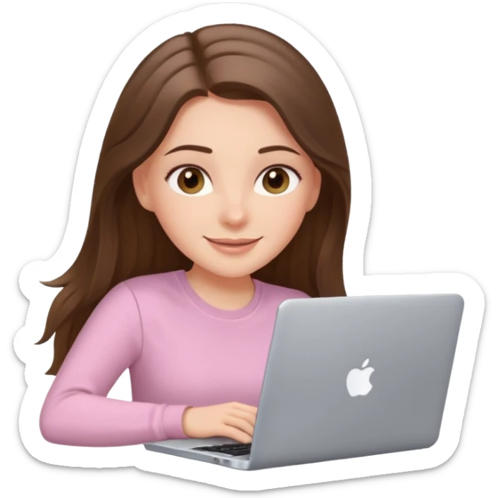 happy white long brunette hair girl with hazel eyes and in light pink using laptop sticker