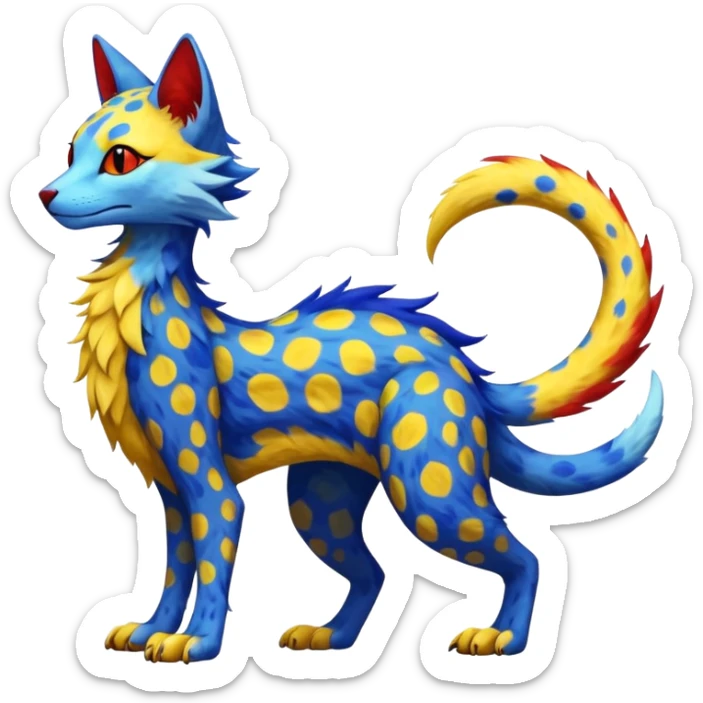 red blue and yellow spotted silly fantasy feline-vernid-sergal-fursona animal creature with a tufted tail full body with intricate markings  sticker