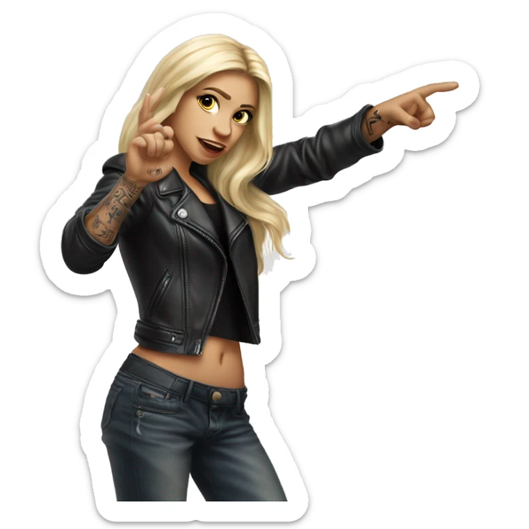 Blonde women with LONG HAIR, in Leather Jacket, Body Covered with Tattoos, POINTING YOU FORWARD with her HAND with INDEX FINGER, Hyper Realistic sticker
