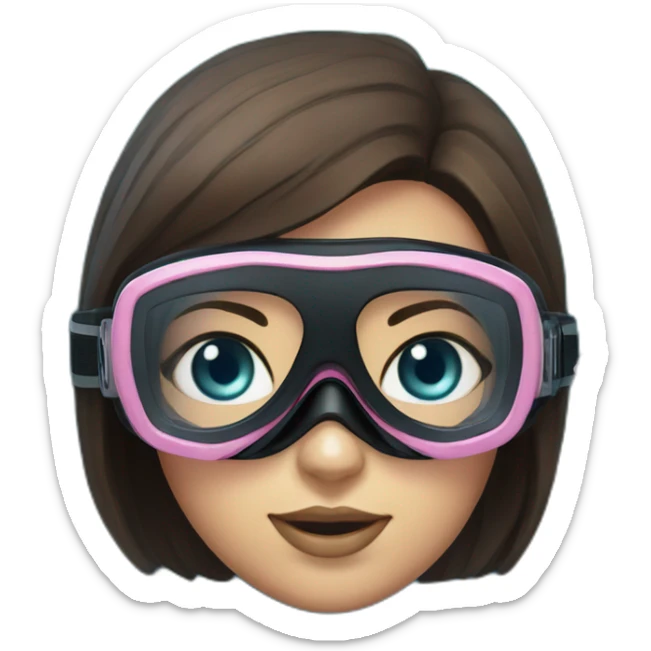 woman with blues eyes, large and straight brown hair, pink diving mask with a single crystal. underwater black suit sticker
