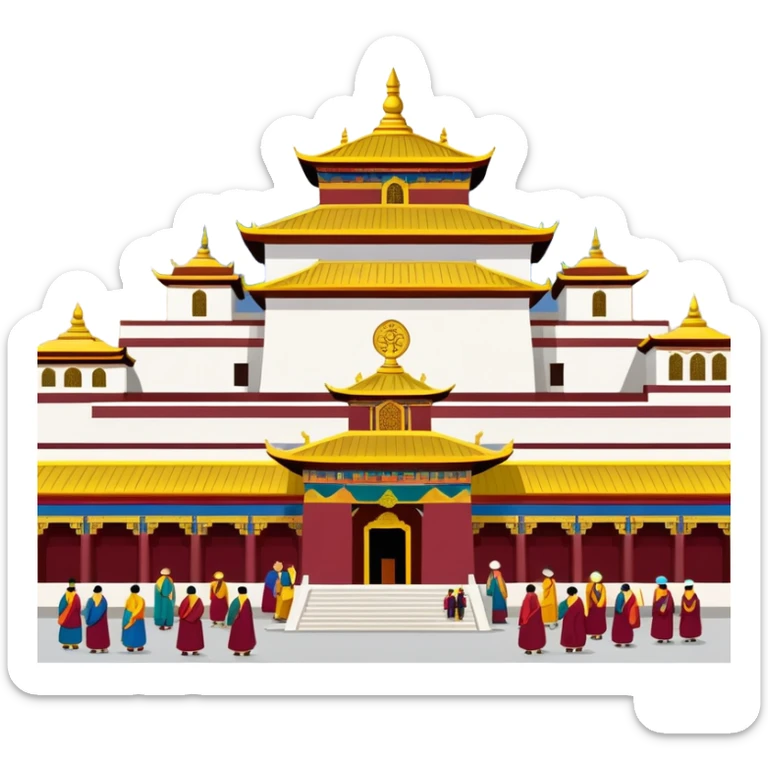 Lhasa Jokhang Temple Tibet with pilgrims, simplified emoji style with bold outlines and bright colors, cartoon style golden roof temple sticker
