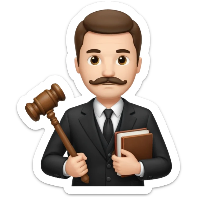 Create a male lawyer. he is wearing a fromal suit jckeret. He is holding a gavel in one hand and a book tucked under his another arm. He has a mustache and BEARD both! sticker