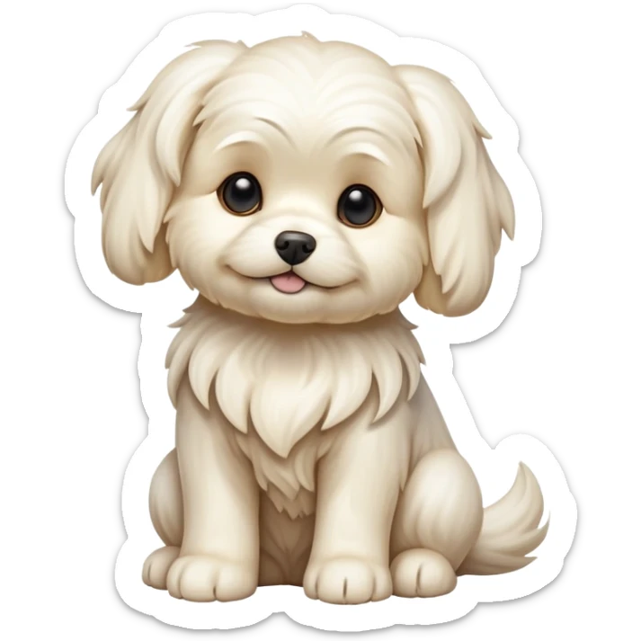 cinematic-[Maltese]-realistic-full-body-sitting-emoji,-tail-resting-loosely-beside-its-paws,-head-tilted-dramatically, -wavy-[cream]-fur,-simplified-yet-realistic-focused-features,-highly-detailed,-glowing-with-an-almost-sarcastic-glow sticker