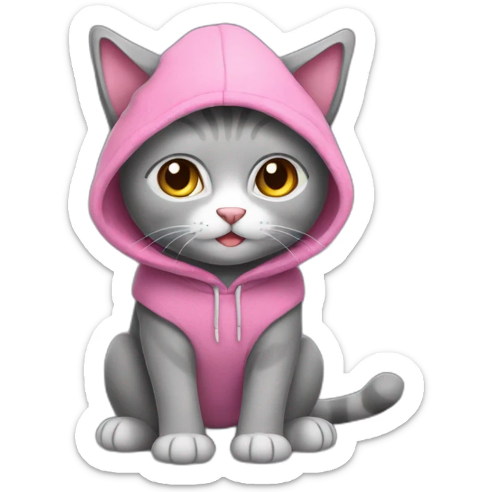 A gray plush cat. This cat is wearing a sleeveless sweater with a pink hood. He's sitting on his buttocks sticker
