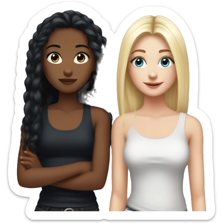 A girl with black hair and hazel eyes wearing a black tank top with her best friend who has straight blonde hair and dark blue eyes and is wearing black sticker