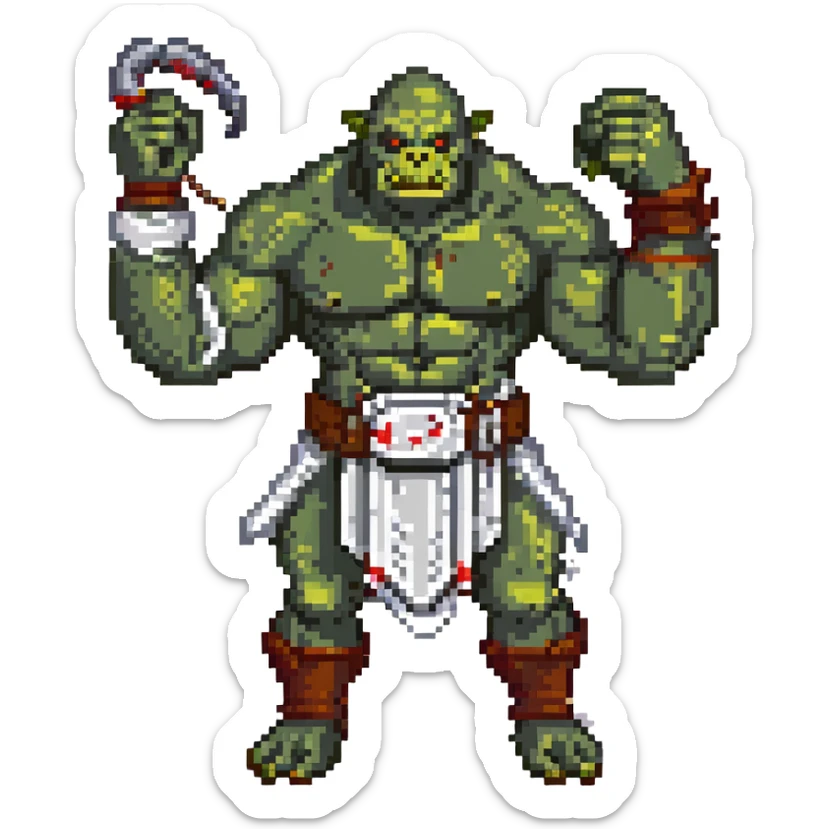 orc male Belt of defeated "Pesky Sand Crab" claws, flexing with a net full of loot. sticker
