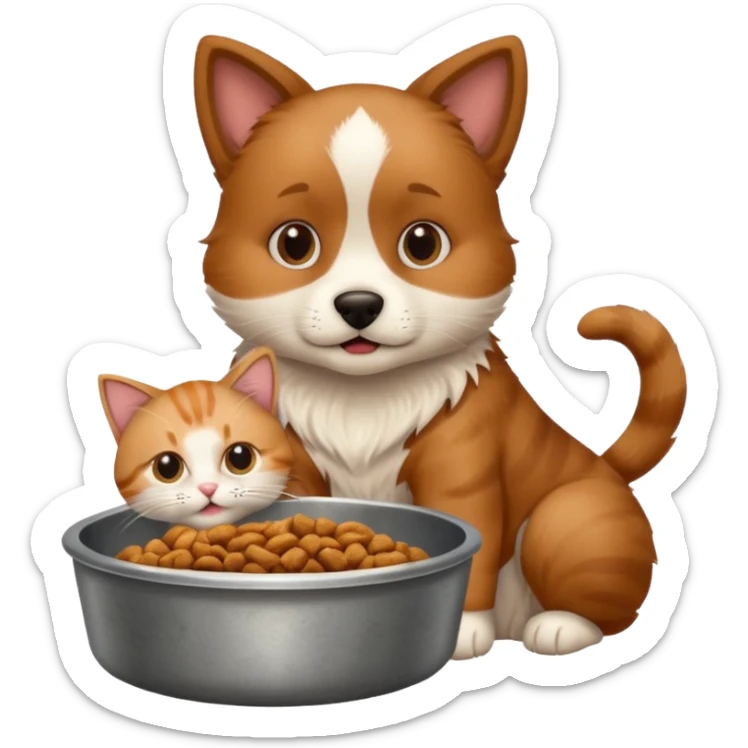 The dog is itching because of fleas, the cat is eating a lot of food from the bowl sticker
