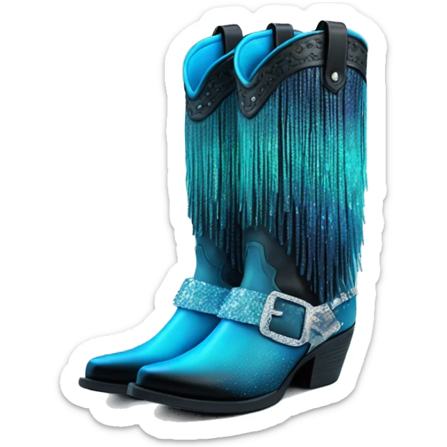Realistic neon blue to black ombre pair of fashion cowgirl boots with sparkly shiny glitter fringe on them. sticker