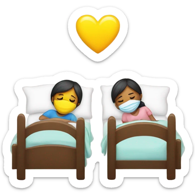 Two children, sick, each in their own bed, wearing masks, one Boy, one girl,, at home, get well soon sign with yellow heart sticker