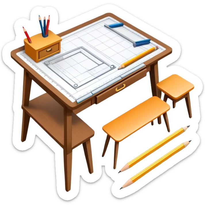 Icon for Furniture Design: a furniture drawing with 3D models of furniture pieces placed on top, accompanied by rulers and a pencil. The icon should represent the design process with focus on precision and modeling. Transparent background. sticker