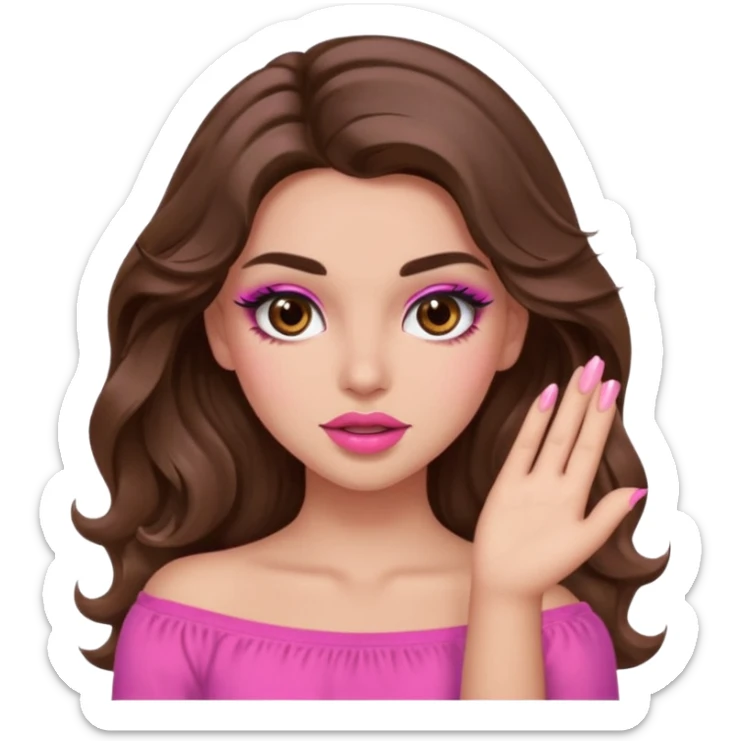 girl with long wavy brown hair, brown eyes, long lashes makeup, sexy pink lips, light to medium complexion, pink sexy top,slapping sticker