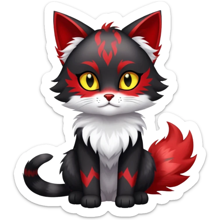 black Shiny Fionbri-Falvie-sparkle-feline-sona with yellow eyes, red edgy markings full body fursona sticker