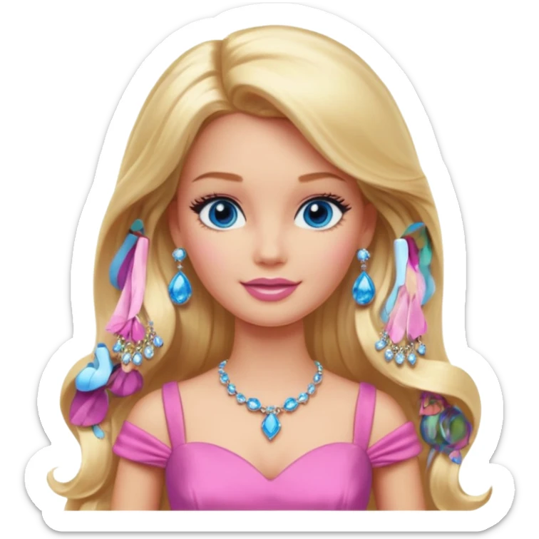 barbie, long blonde hair, pink dress, with blue eyes,different dress,ear rings, jewelry. sticker