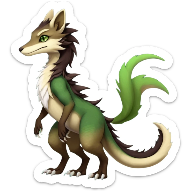 Brown and beige badass elegant wild beautiful natural cute badass epic exotic anthro modern furry 2-legged sergal-vernid-creature, full body, dark-brown-black-gradient pretty hair, with a long tufted tail, green eyes, aesthetic, art by LiLaiRa, art by art by Falvie sticker