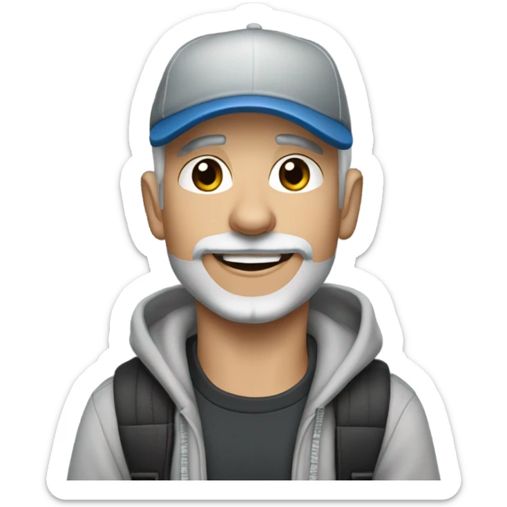 blue eyed man gray hair gray goatee wearing ball cap holding black long haired chihuahua sticker