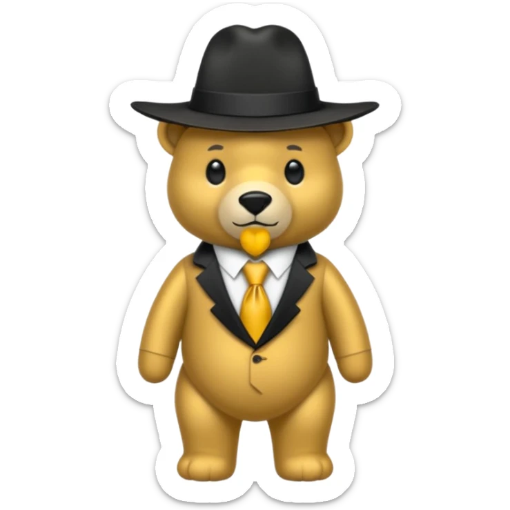 Oso dorado con un sombrero negro y fn su cuello un moño negro sticker