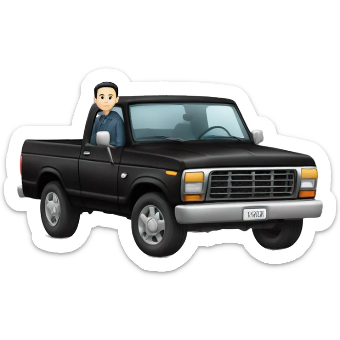 A man with pale skin and black hair, sitting on top of a black Ford car sticker