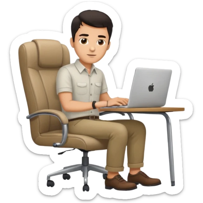 Rich man sitting on a chair, working at desk with laptop in office, in shirt, dark hair, he is german very beautiful looks like, full body view sticker