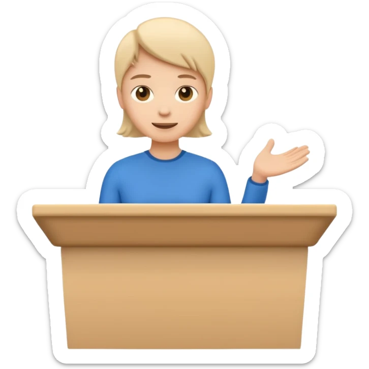 Minimal startup-style emoji icon of a person presenting behind a podium, flat vector illustration, friendly proportions, simple lines, modern SaaS pitch deck style, white background sticker