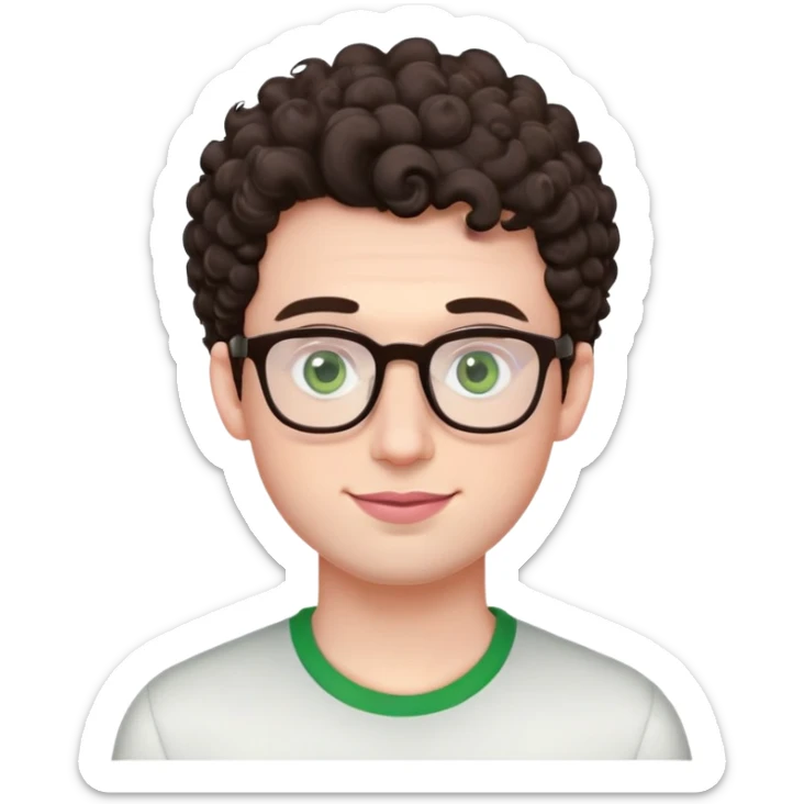 Young man with dark brown curlier poofy hair (same style but more curls), green eyes wearing glasses, wide face with eyes set apart, bigger ears, very pale skin, slightly bigger nose, fuller darker pink lips with a smile, and very light stubble sticker
