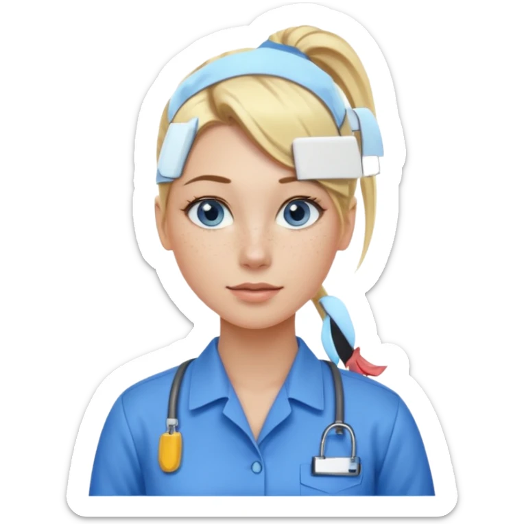 Just a head, blonde hair with lowlights in a ponytail, blue eyes, some freckles, a little older female ready to get some tasks done at work, no body and just one pony high on the back of the heard sticker
