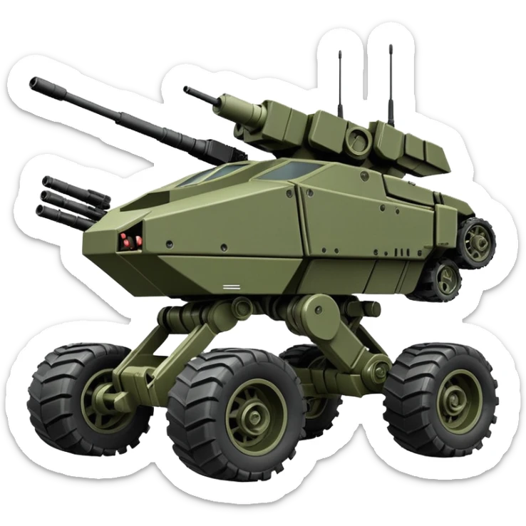 a roomy 4-wheel armored personnel stealth camouflage army massive mech trail vehicle shooting forward side-hill leaning actively articulating independent suspended pod gimbal enemy mech off-road racing rover with large fast engine RC basher megatron  sticker
