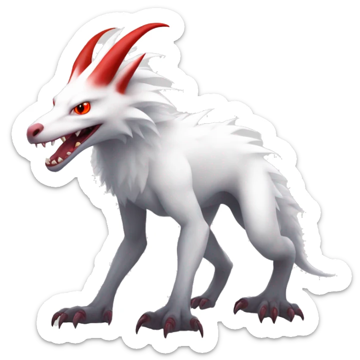 White edgy cute albino sergal-vernid-Fakémon with red mane and red eyes, full body sticker