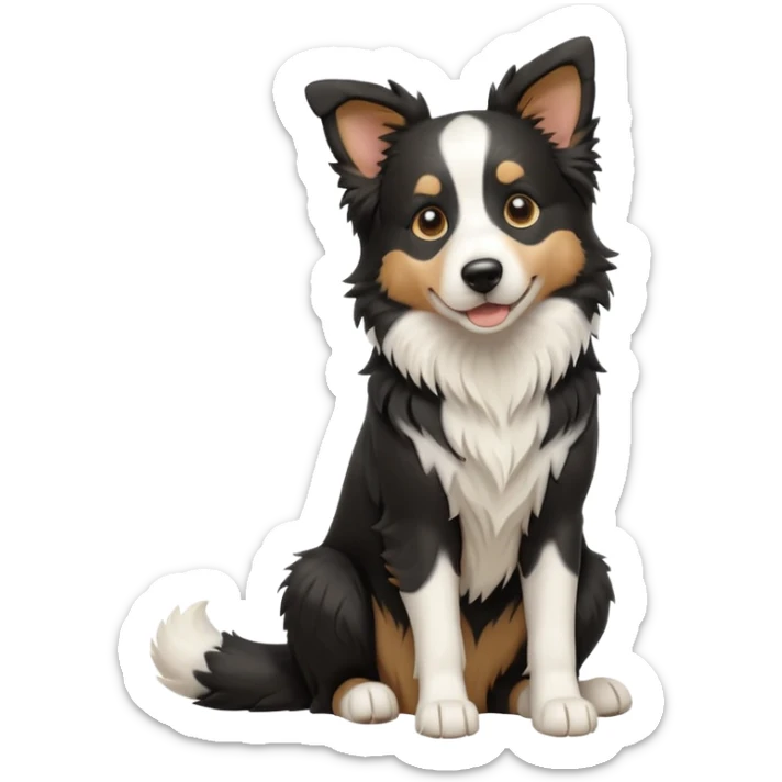 cinematic-[border collie dog]-realistic-full-body-sitting-emoji,-tail-resting-loosely-beside-its-paws,-head-tilted-dramatically,-scruffy-[black and white]-fur,-simplified-yet-realistic-focused-features,-highly-detailed,-glowing-with-an-almost-sarcastic-glow sticker