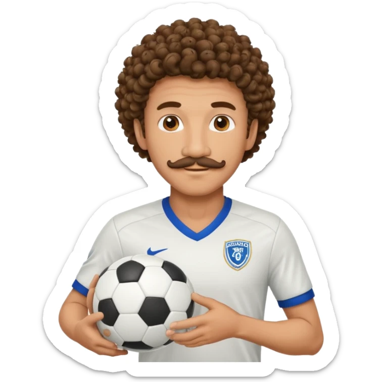 curly hair man soccer player with mustache holding soccer ball sticker