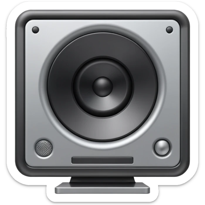 Minimal emoji icon of a modern metallic studio monitor, front view, detailed geometry, dark metallic body, subtle highlights, isolated sticker