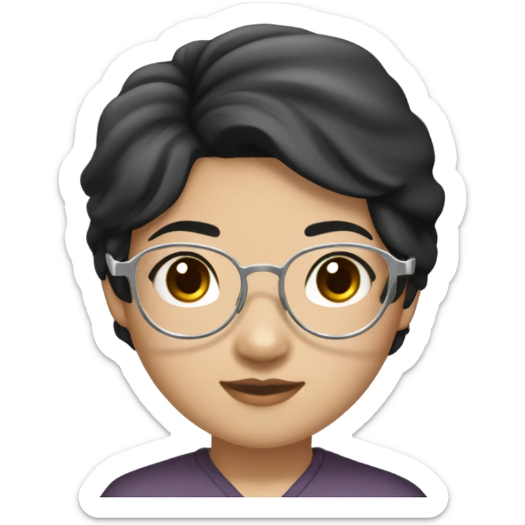 Asian girl, with white skin tone, black hair, wearing silver round harry potter glasses and a white scrub and a stethoscope  sticker