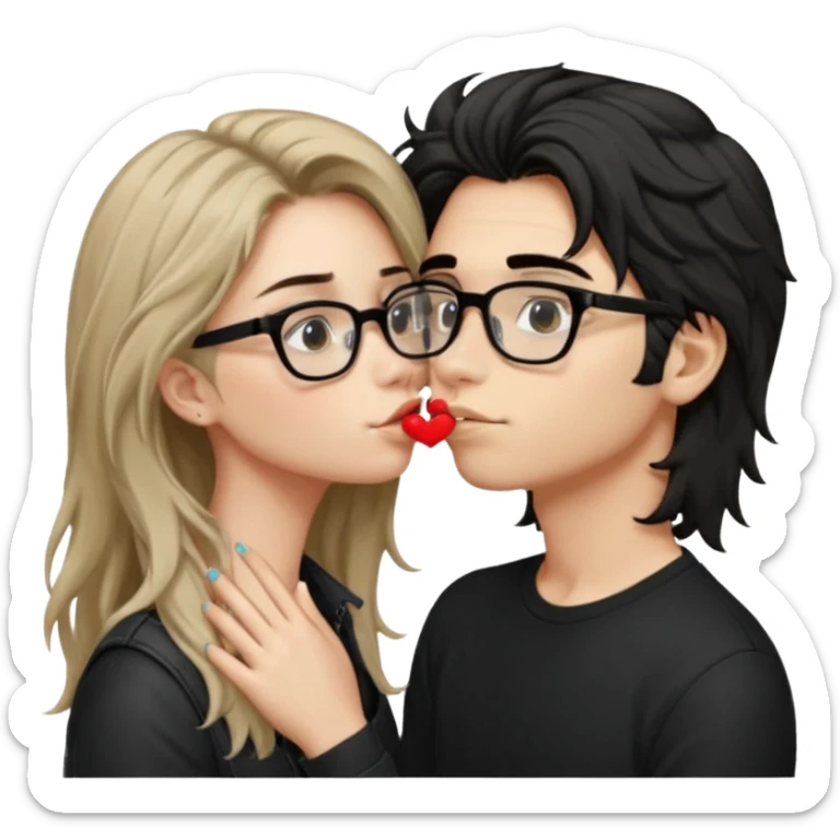  garçon avec les cheveux brun très clair ébouriffés, qui embrasse une fille avec les cheveux noir long qui a des traits d’eye-liner, des lunettes noir et un piercing au nez sticker