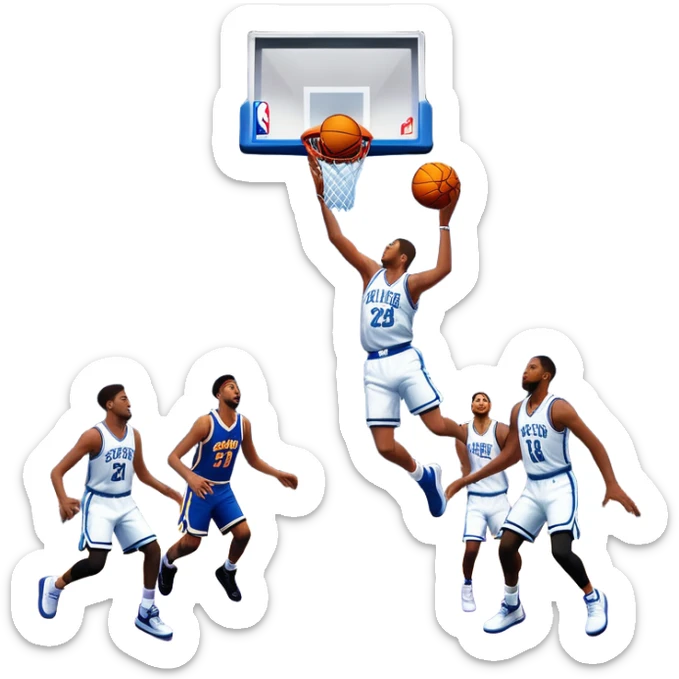 An icon showing a basketball court with players in action, inspired by NBA 2K25. A player jumps for a dunk, the ball mid-air, with the court’s floor and surrounding basketball arena visible. Bright lights highlight the excitement of the game. Transparent background. sticker