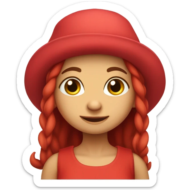 The girl character is a cute and funny troll, the logo is simple. The character has a hat on his head, big ears and pretty red eyes. Her hair is red, lush and round. She is wearing a Karelian sundress. sticker