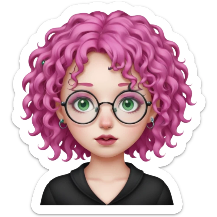 . Gothic girl with pink curly hair, round glasses, septum piercing, nostril piercing, almond eyes, blueish green eyes, sticker